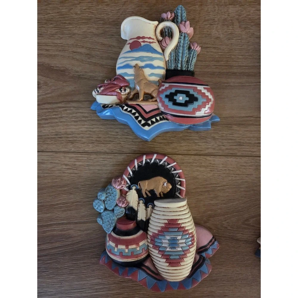 Vintage GIA Inc 1997 Southwestern Wall Art Plaques Wolf Buffalo Set of 4 3374-1A